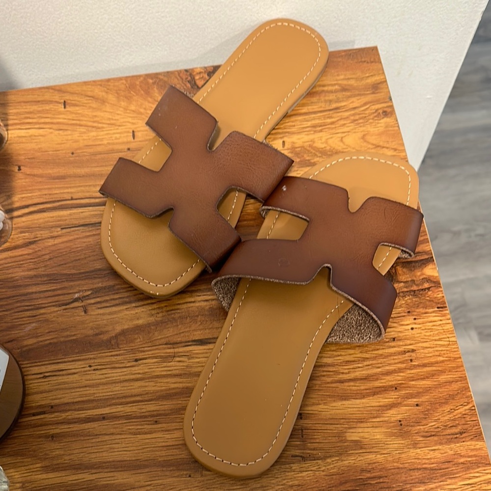 Brown Leather Slide Sandals